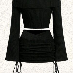 Plus Size Black Ribbed Off-Shoulder Top and Skirt Set